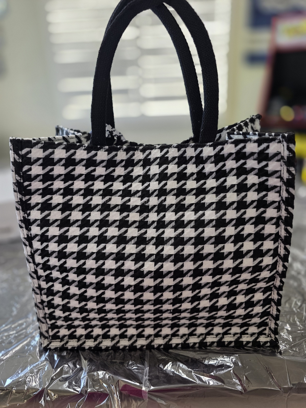 Black & White Houndstooth Tote Bag with Top Handles